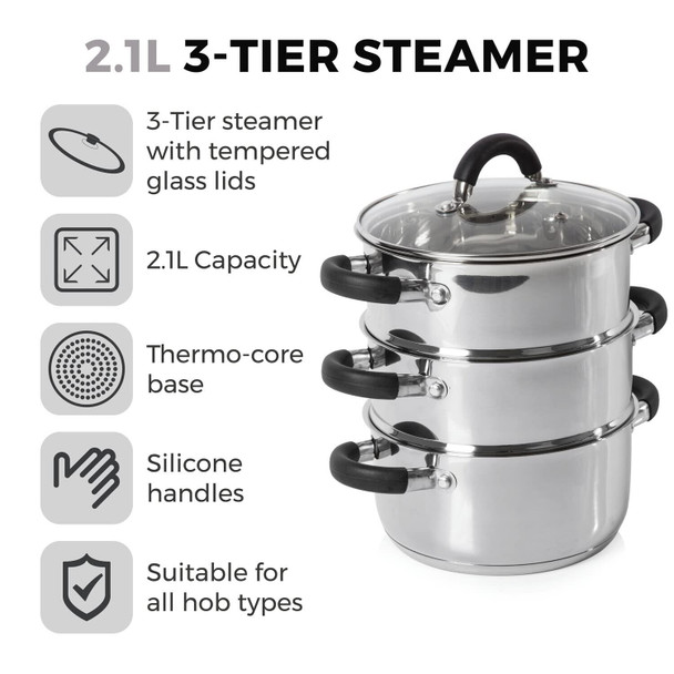Tower 3 Tier Steamer with Tempered Glass Lid - Silicon Handles -  18cm - T80836