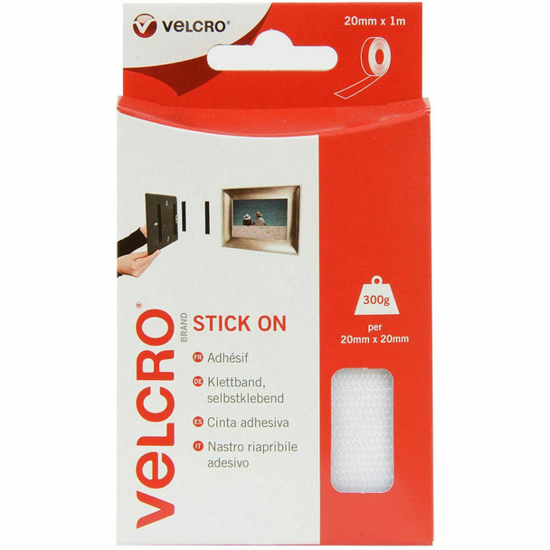 VELCRO® Brand Stick On Tape 20mm x 1m, White, Hook & Loop - Adhesive Alternative