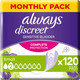 Always Discreet Incontinence Pads Women, Small, 120 Moderate Absorbency Pads (20 x 6 Packs), Odour Neutraliser, Discreet and Flexible, For Sensitive Bladder