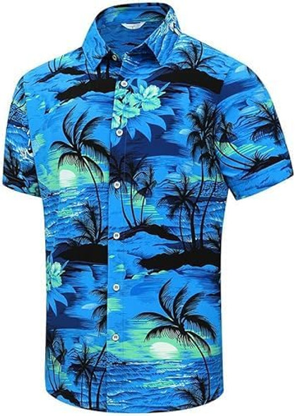 LeeHanTon Men's Hawaiian Shirt Blue Medium