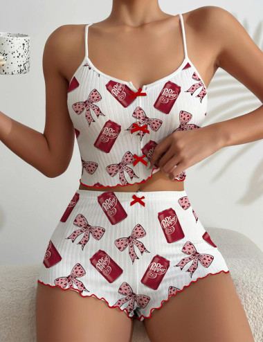 Coquette Pepper Drink Bow Detail Ribbed Knit Pajama Set For Women