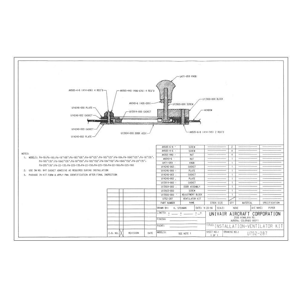 U752-287 UNIVAIR WINDOW VENTILATOR KIT - FITS PIPER - Univair