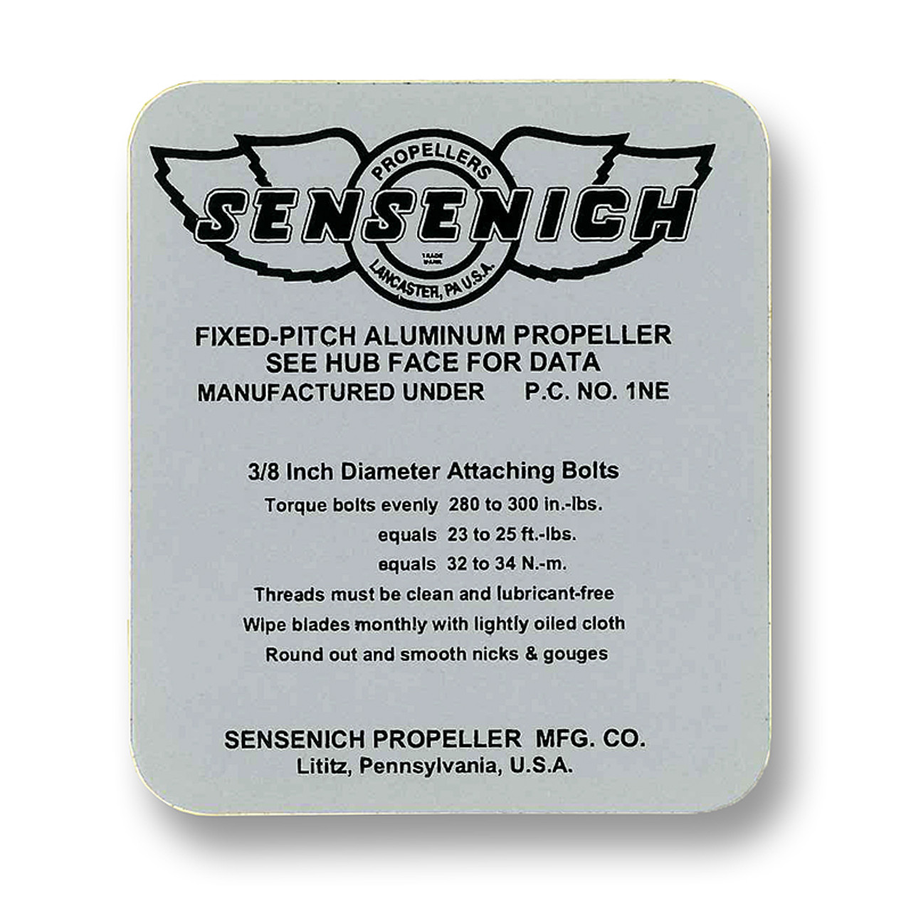 SENSENICH 3/8 INCH TORQUE VALUE DECAL