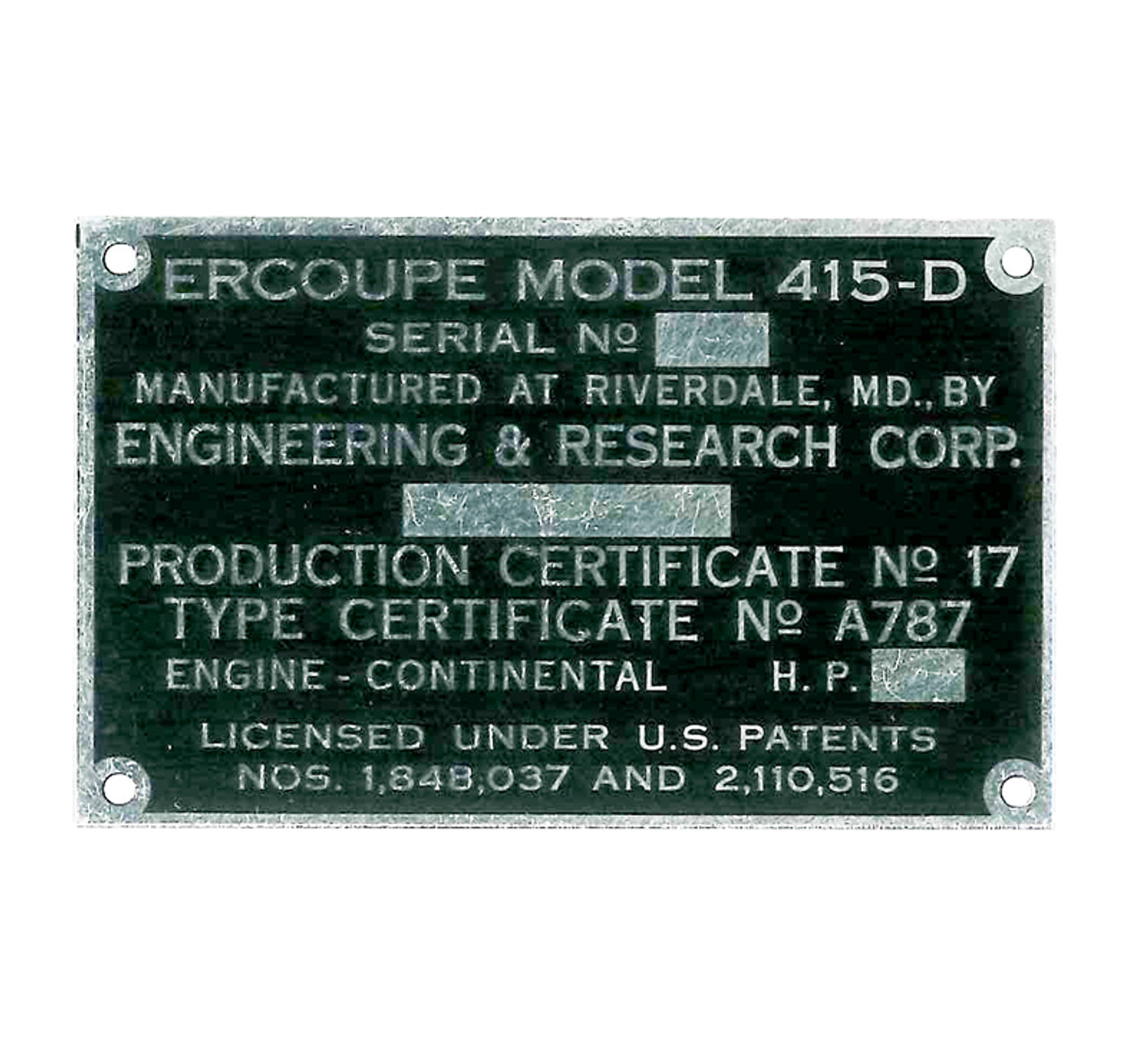 415-51146   ERCOUPE 415-D DATA PLATE