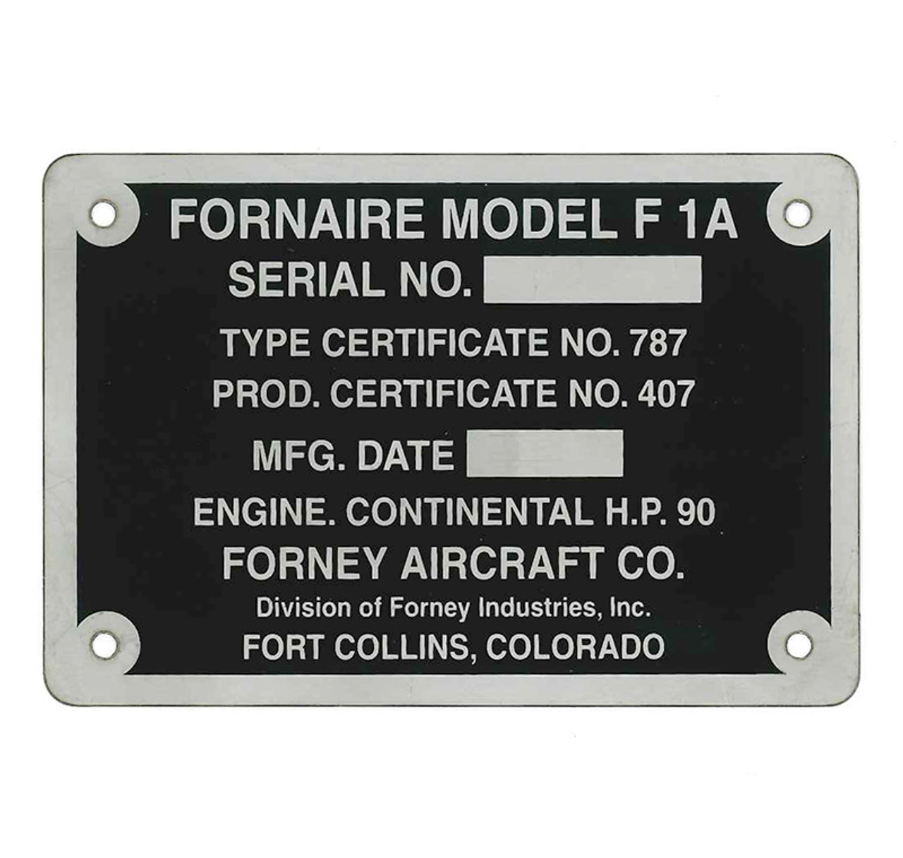 415-51330   FORNEY F-1A DATA PLATE