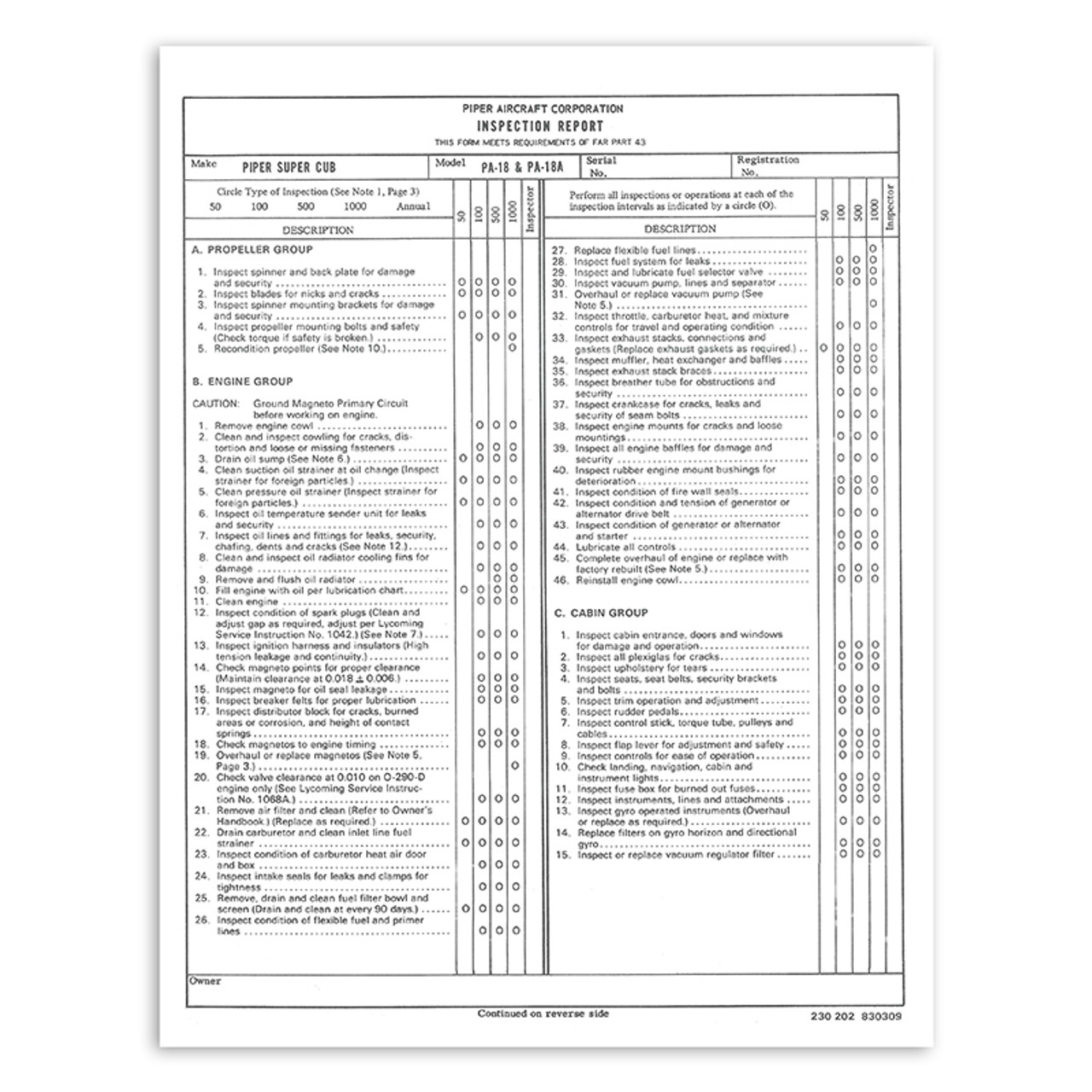-230-202   PIPER PA-18 INSPECTION SHEET
