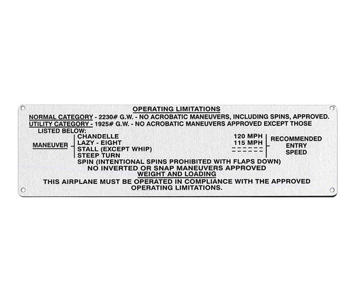108-8742001-6   STINSON OPERATING LIMITATIONS PLACARD 108-8742001-6   STINSON OPERATING LIMITATIONS PLACARD