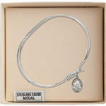 Adult 7" Oval  Rhodium Plated Bangle Bracelet with St. Bernard of Montjoux Medal Charm
