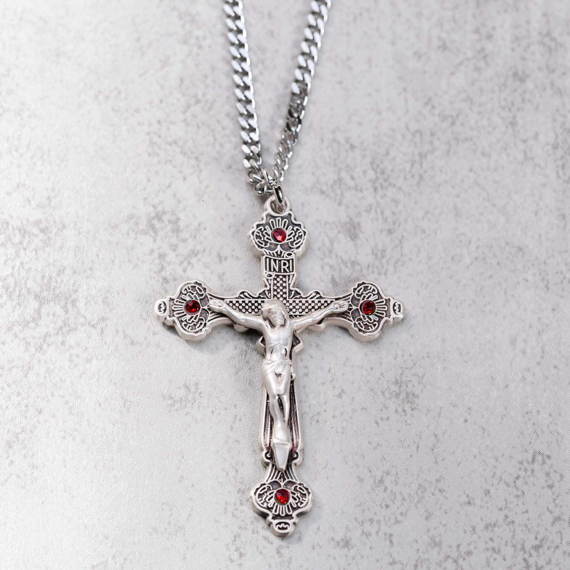 Sterling Silver Crucifix with Ruby Stones with 24 inch chain