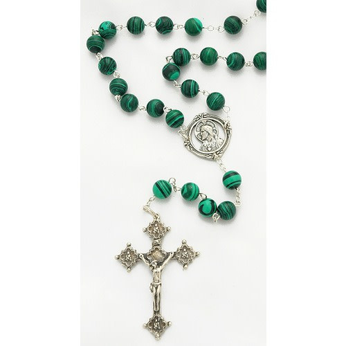 Sterling Silver Genuine Malachite Rosary, 8mm