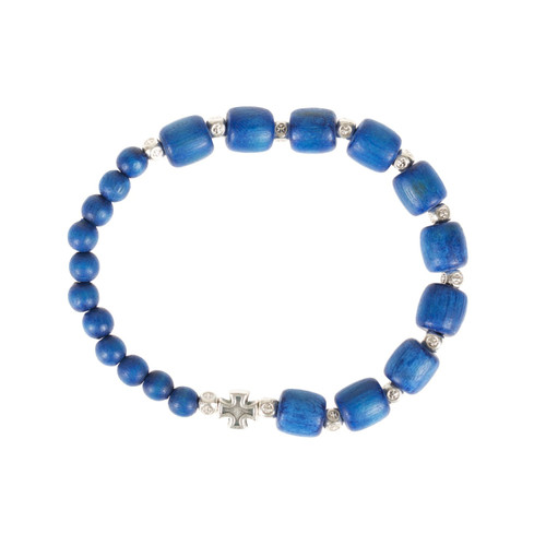 Blue Wood Rosary Bracelet with Cross