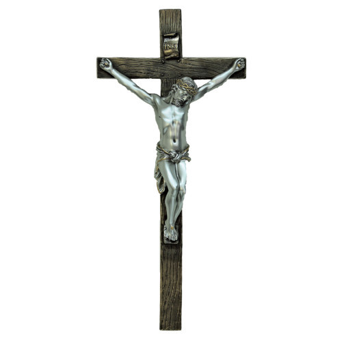 Two Tone Bronze and Pewter Look Crucifix - 13"