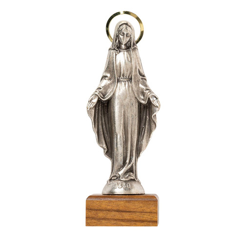 Our Lady of Grace Silver Figurine on Wood Base - 5" 