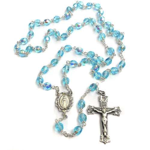 Bohemian Glass Birthstone Rosary - Aqua / March | The Catholic Company®