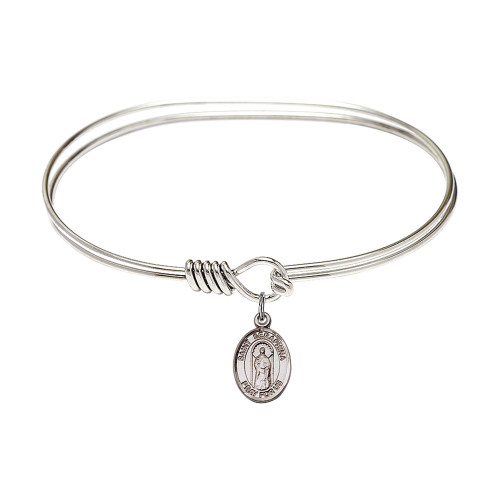 Adult 7" Oval  Rhodium Plated Bangle Bracelet with St. Seraphina Medal Charm