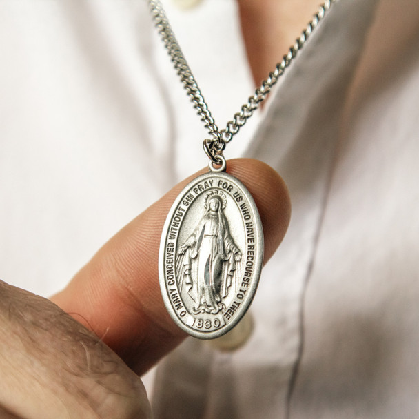 Pewter Miraculous Medal with 24 inch Chain