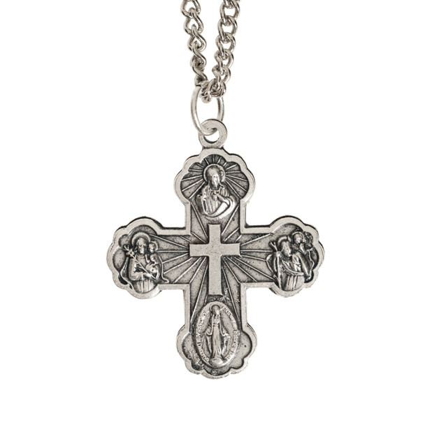 Catholic 4-Way Medal Cross Cruciform Pendant with Miraculous Medal, St.  Joseph, St. Christopher and Sacred Heart, Made in USA 