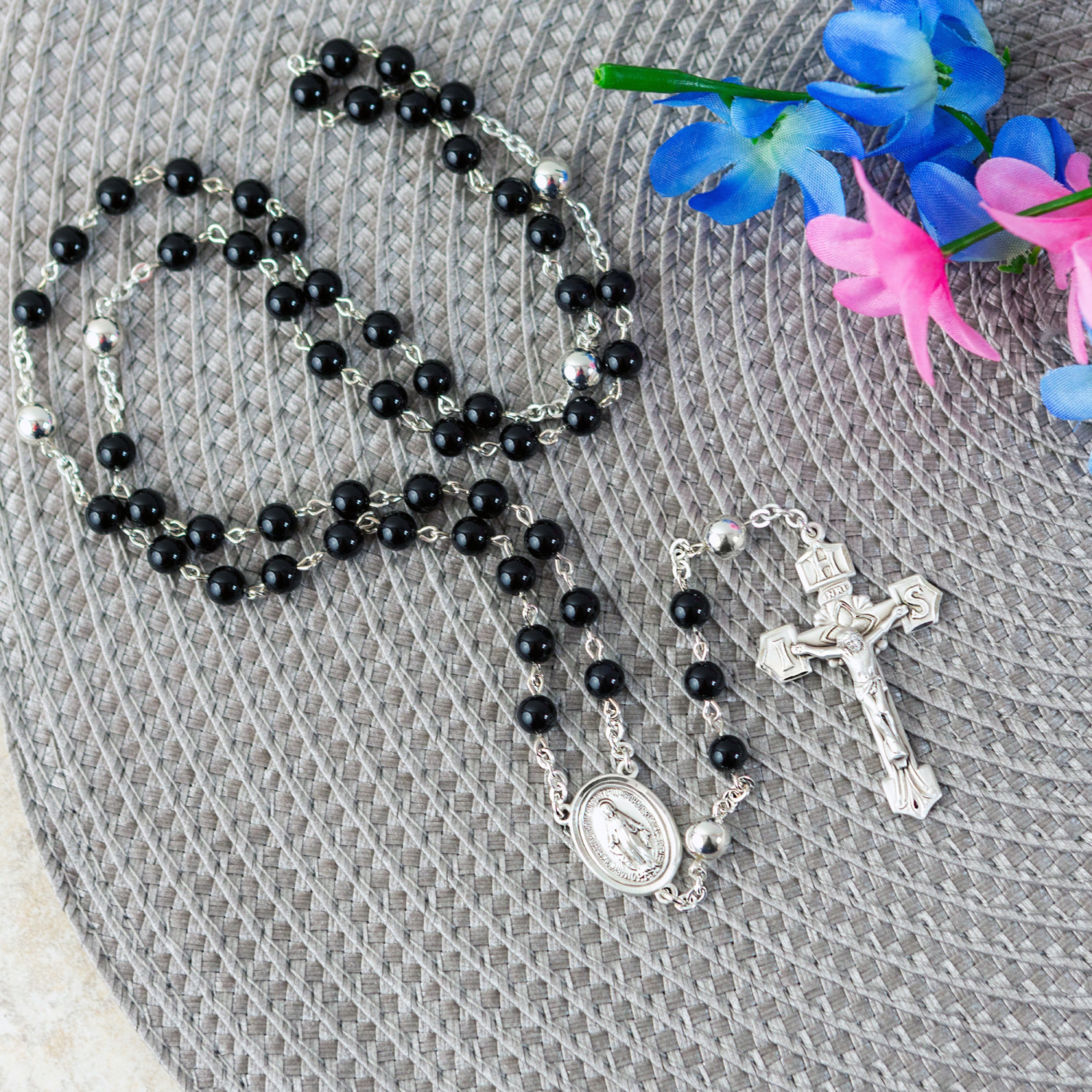 Holy Name Genuine Onyx & Sterling Rosary