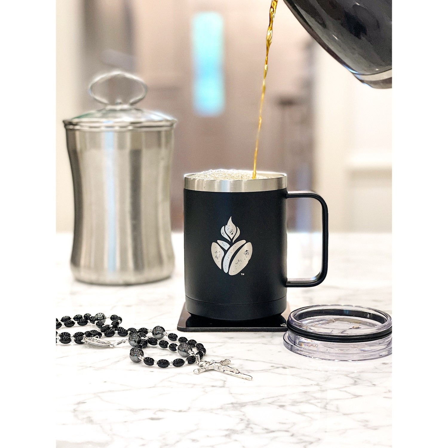 Bean Logo Black Insulated Mug - Catholic Coffee