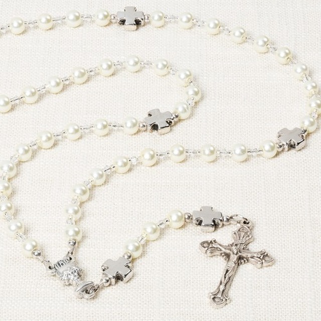 First Communion glass pearl rosary