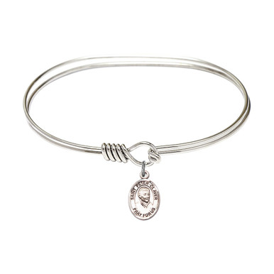 Oval Rhodium Plated Bangle Bracelet with St. Peter Claver Medal Charm