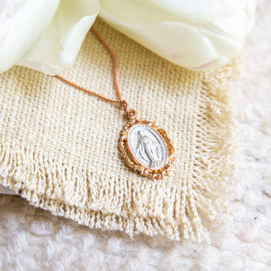 Rose Gold & Sterling Miraculous Medal Necklace