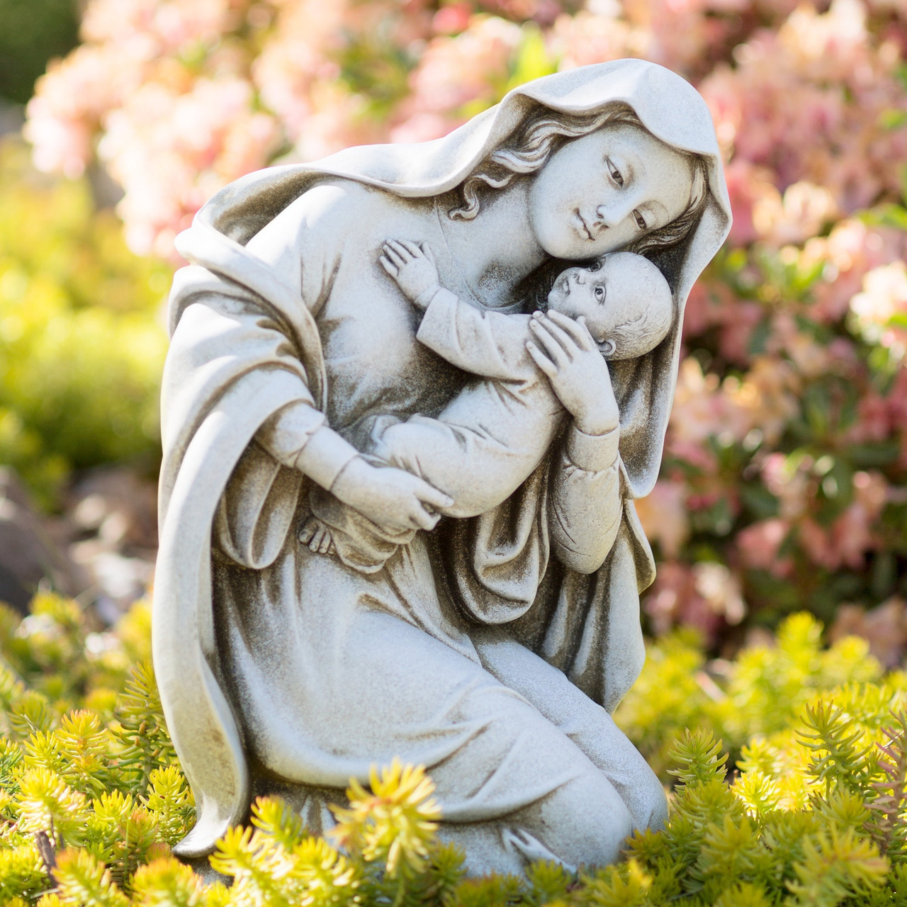 Image of Kneeling Madonna & Child Garden Statue - 13.5