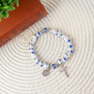 Blue Floral Ceramic Stretch Rosary Bracelet