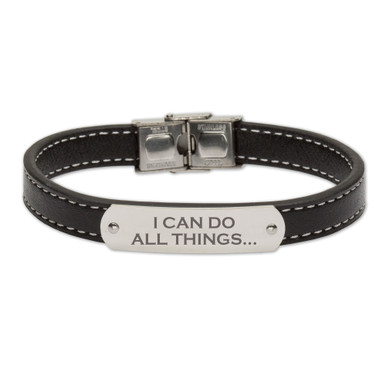 Stainless Steel Black Leather Bracelet – “I Can Do All Things”