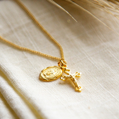 Gold Plated Petite Miraculous Medal & Crucifix Necklace