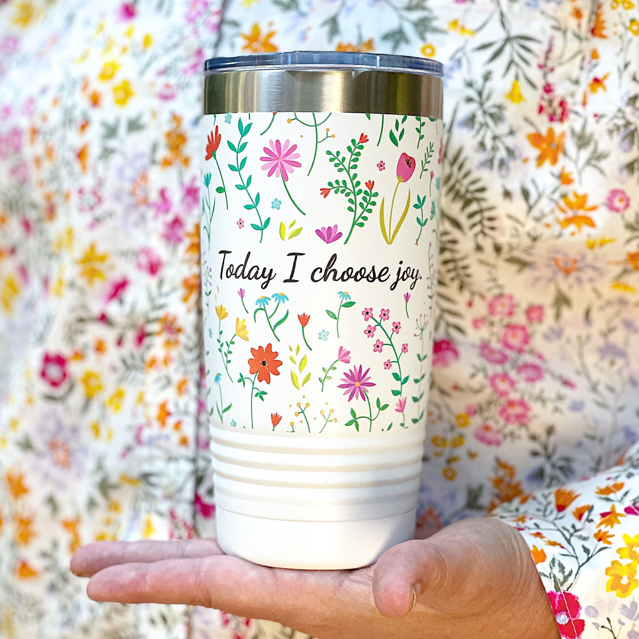 Image of Floral I Choose Joy Insulated White 20oz Tumbler