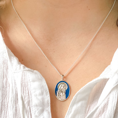Sterling Silver & Blue Praying Mary Necklace