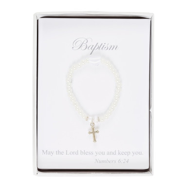 Little Blessing Baptism baby bracelet with white pearls and clear crystal  add sparkle to her big day! Charming Baptism jewelry for little girls.