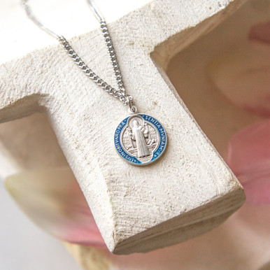 Sterling & Blue Enameled St. Benedict Medal Necklace – 18″