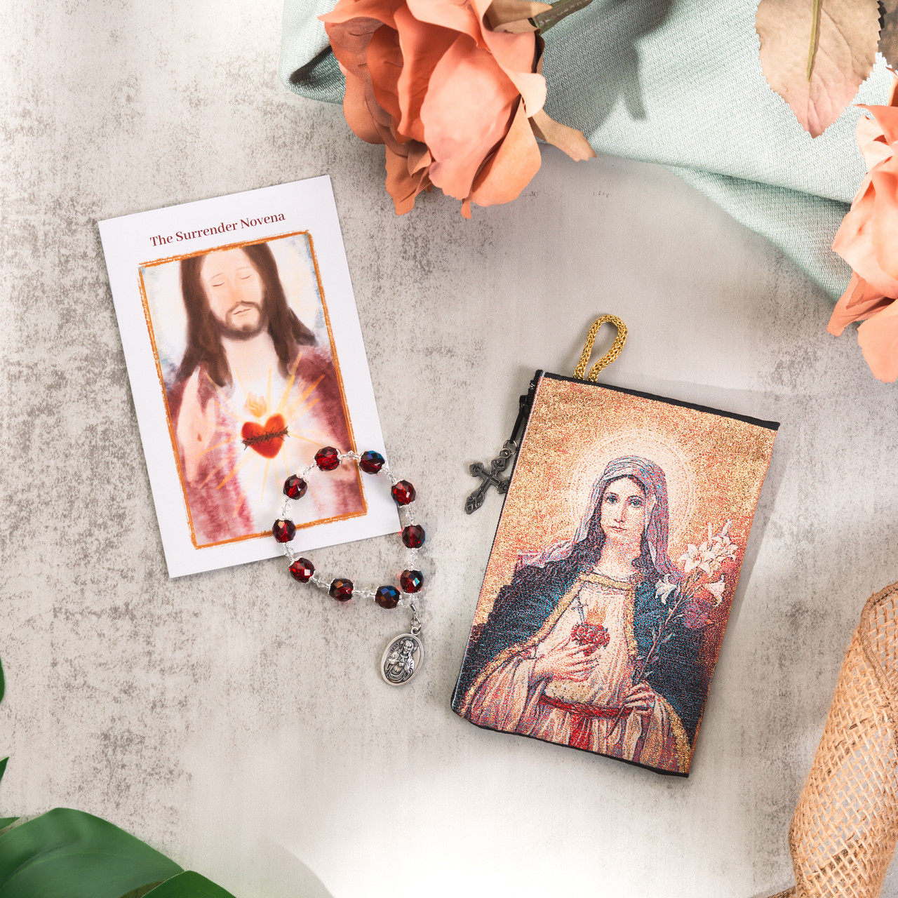 Image of Czech Crystal Surrender Novena Chaplet & Sacred Heart & Immaculate Heart Rosary Pouch (Gift Set)