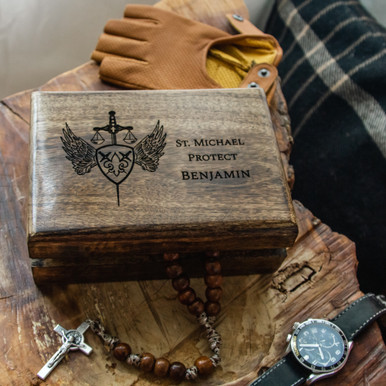Personalized St. Michael Wood Keepsake Box, 5x7