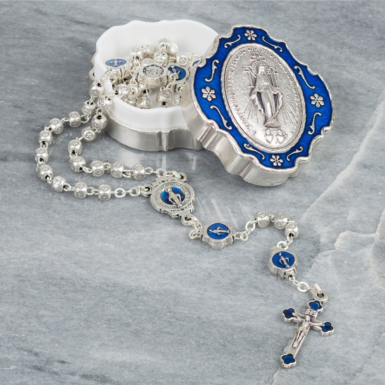 Image of Miraculous Medal Rosary with Blue Enamel Box