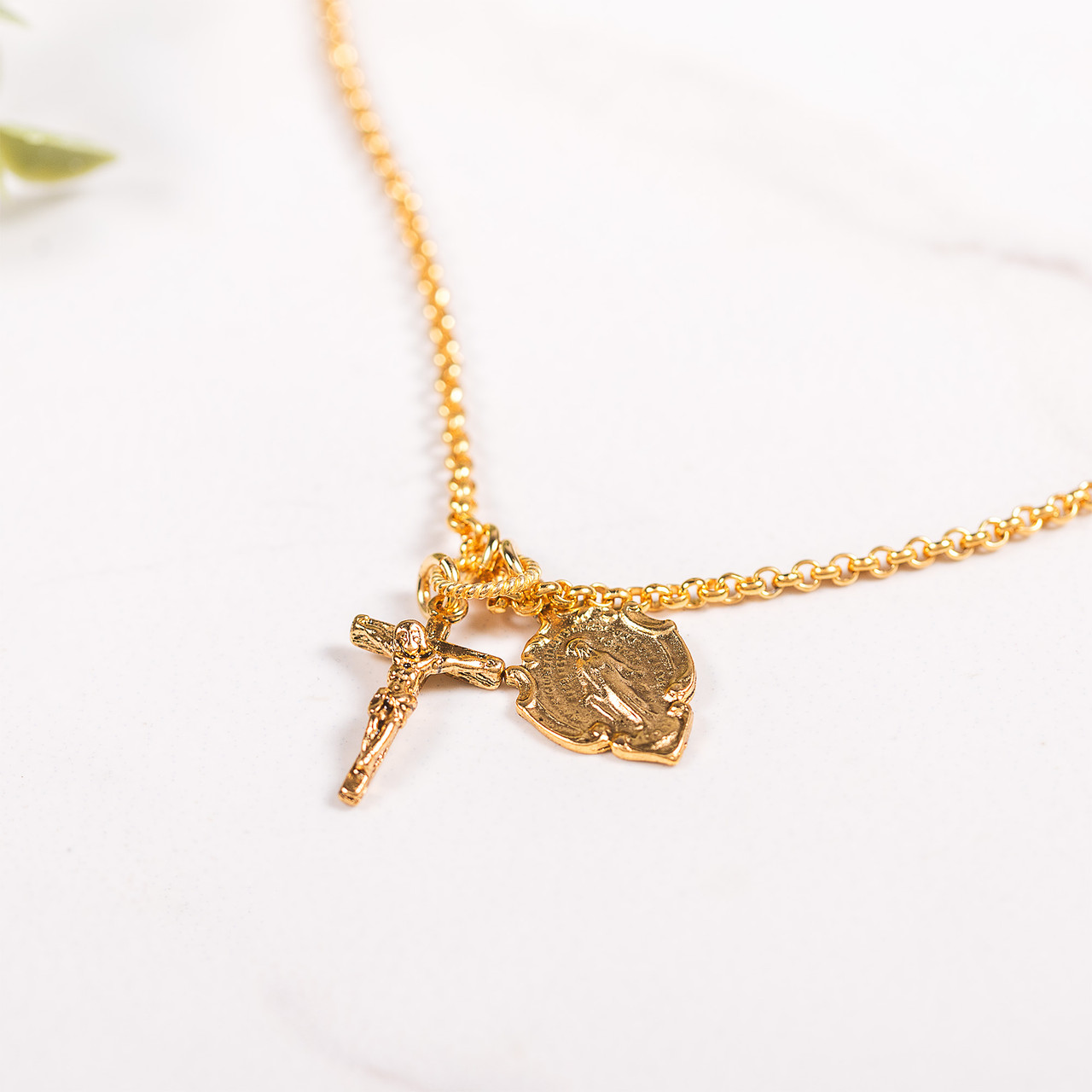 Image of Gold Miraculous Medal & Crucifix Charm Necklace