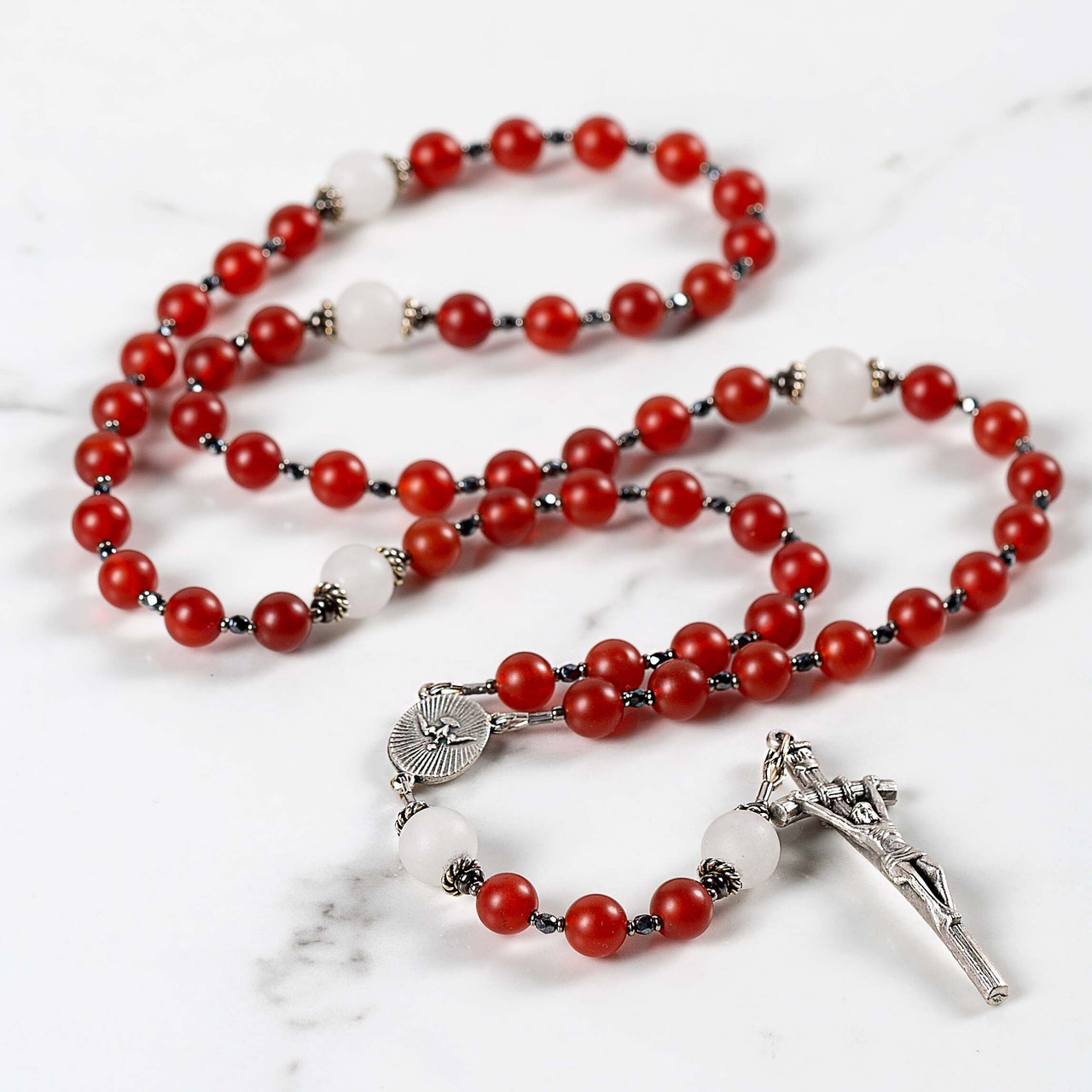 Image of Pope Leo XIV Red Carnelian & White Jade Holy Spirit Rosary
