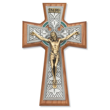 Walnut Celtic Cross with Gold Corpus – 8 inch