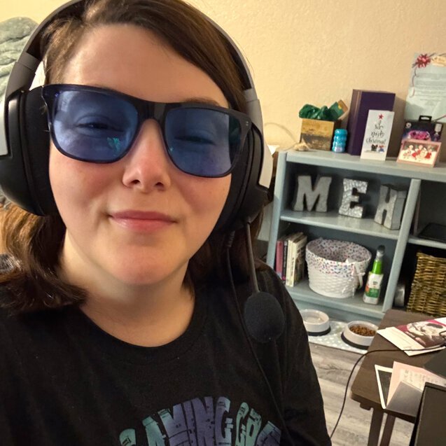 Jamie wearing Z-Blue glasses for video games