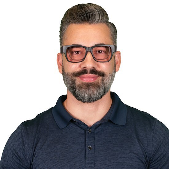 Man wearing TheraSpecs FL-Pro in Shea WearOver style