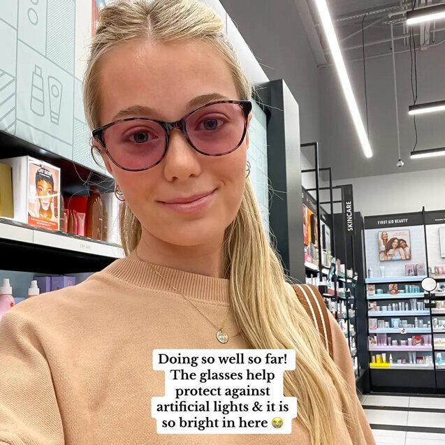 Natalie wearing FL-Blend TheraSpecs, Audrey frame