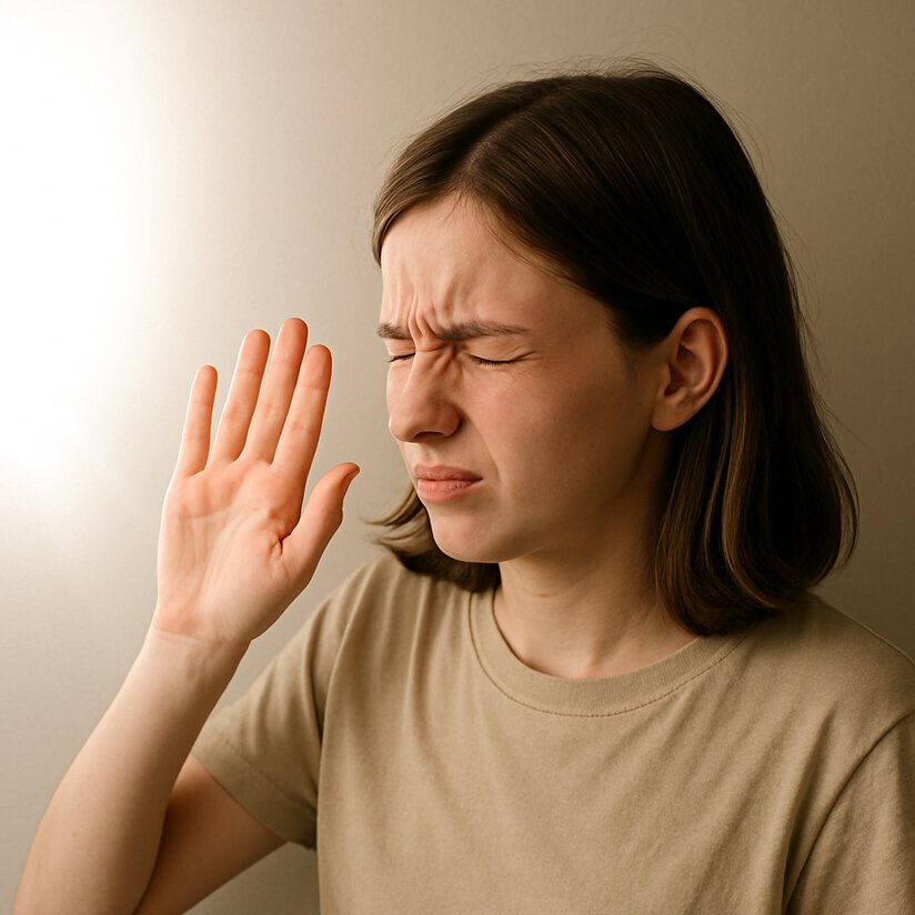 Light Sensitivity is a Common Issue with Autism Young Person with Autism Covering Eyes from Light Sensitivity