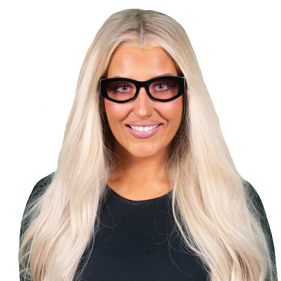 Young woman wearing TheraSpecs FL-Pro in Lola style