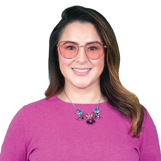 Woman wearing TheraSpecs FL-Pro in Mariposa style
