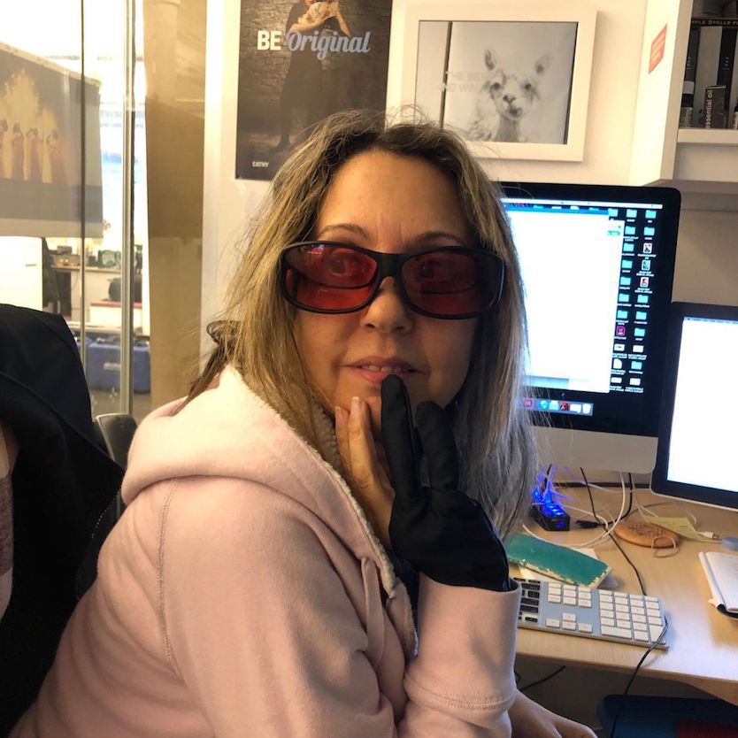 TheraSpecs keep Cathy dizziness-free on the computer Cathy wearing indoor fitover TheraSpecs