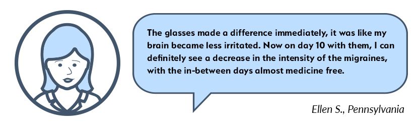 Ellen Testimonial: The glasses made a difference immediately, it was like my brain became less irritated. Now on day 10 with them, I can definitely see a decrease in the intensity of the migraines Ellen Migraine Glasses Testimonial
