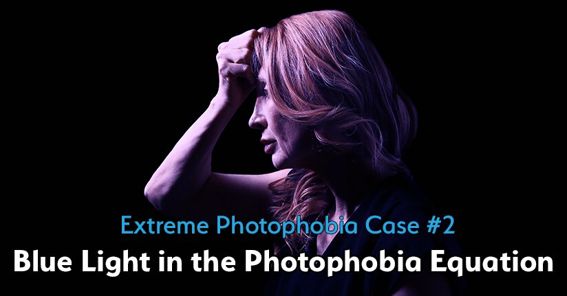 Extreme Photophobia Case 2—Blue Light and Photophobia Woman with extreme photophobia reacting to blue light in dark space