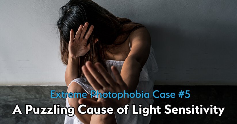 Extreme Photophobia Case 5—Puzzling Cause of Severe Light Sensitivity Woman with extreme photophobia turning her head and using her hand to block bright light